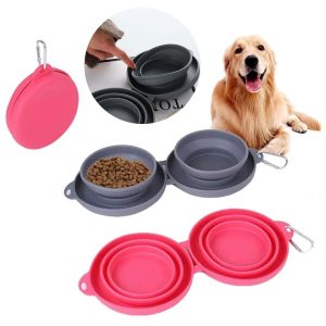 Collapsible Double Dog Bowls with Mat – Portable Food & Water Set